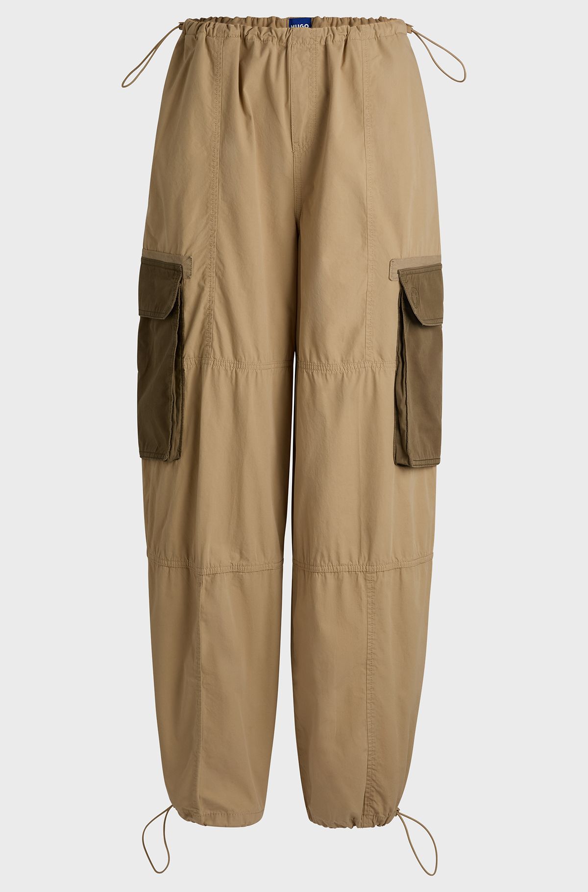 Oversized-fit parachute trousers in cotton with cargo pockets, Light Beige