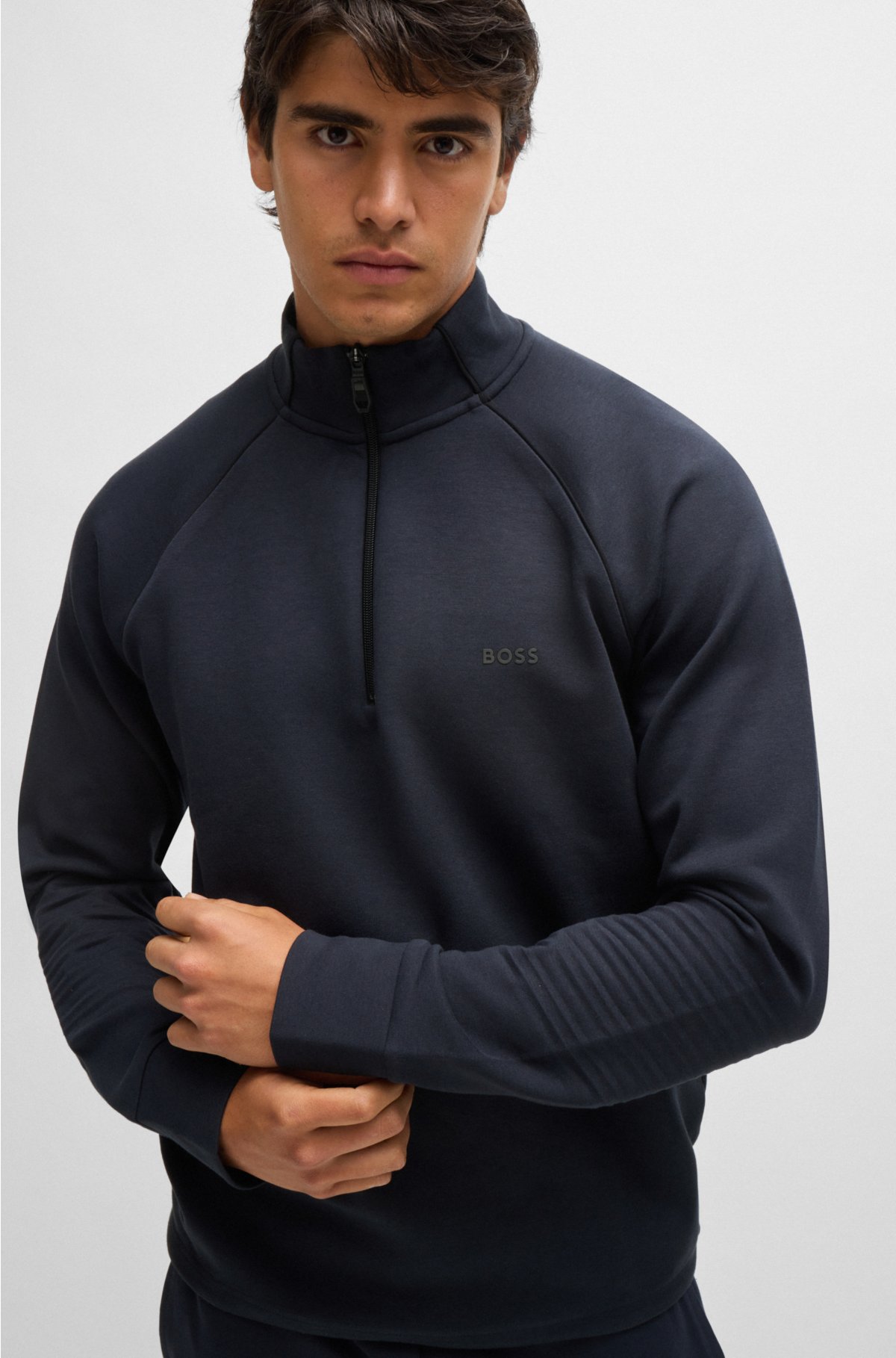 Stretch-cotton zip-neck sweatshirt with embossed artwork, Dark Blue