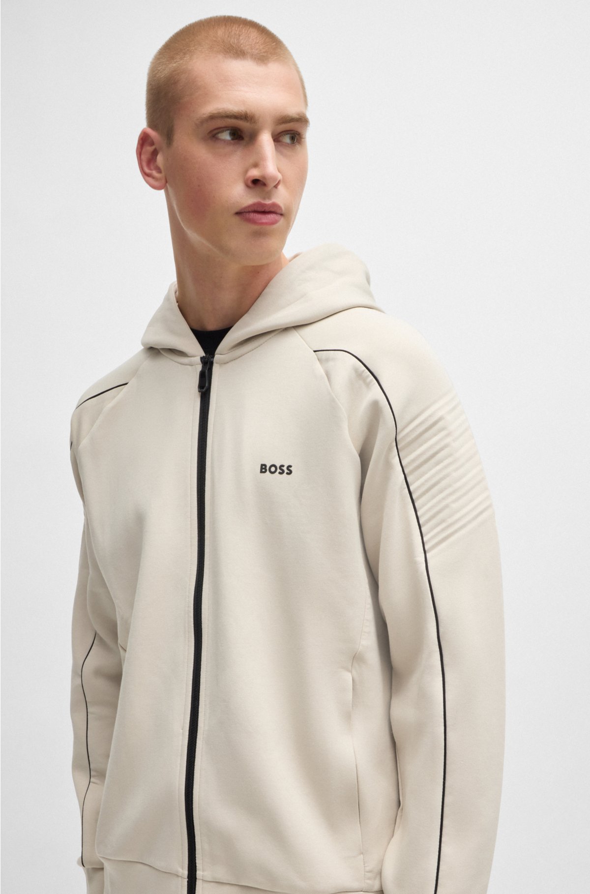 Stretch-cotton zip-up hoodie with embossed artwork, Light Beige