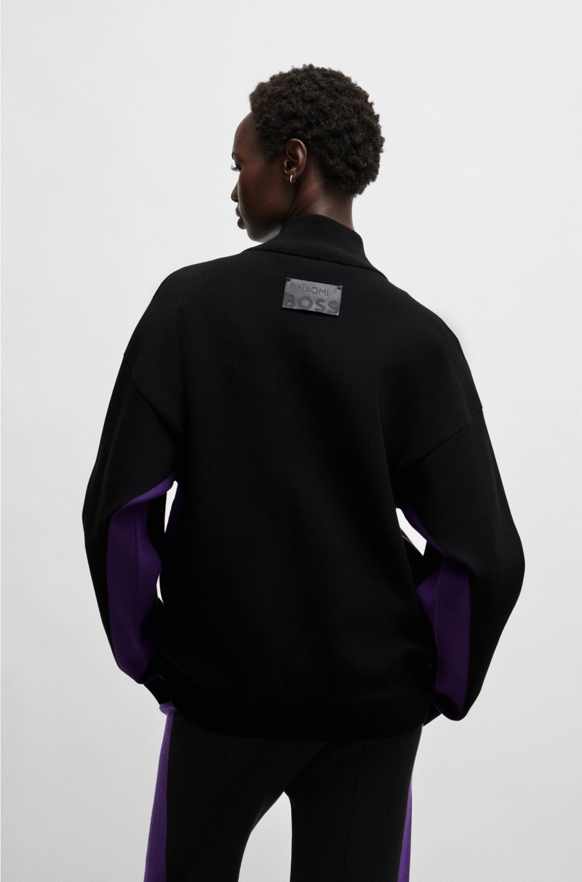 NAOMI x BOSS zip-up knitted jacket with logo patch, Black