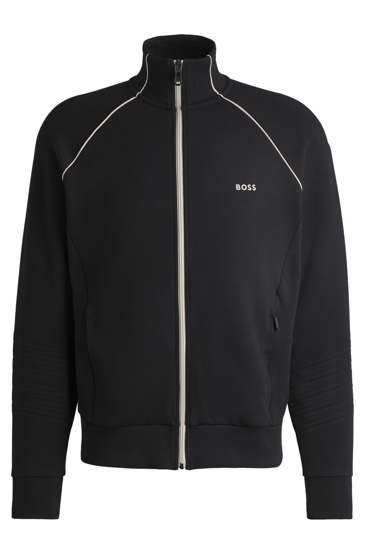 Stretch-cotton zip-up sweatshirt with piping and branding, Black