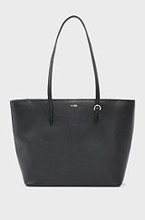 Pebbled-leather shopper bag with logo lettering, Black