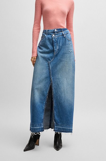 Maxi-length denim skirt with front slit, Blue