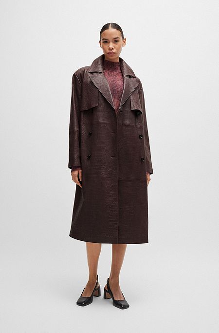 Double-breasted trench coat in crocodile-patterned leather, Dark Red