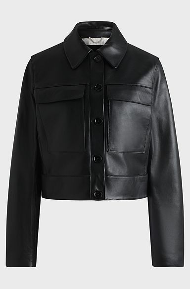 Leather jacket with contrast cuffs and buttoned closure, Black