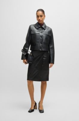 Leather jacket with contrast cuffs and buttoned closure, Black