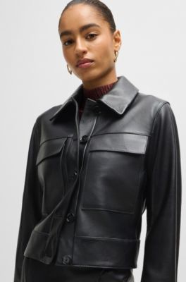 Leather jacket with contrast cuffs and buttoned closure, Black