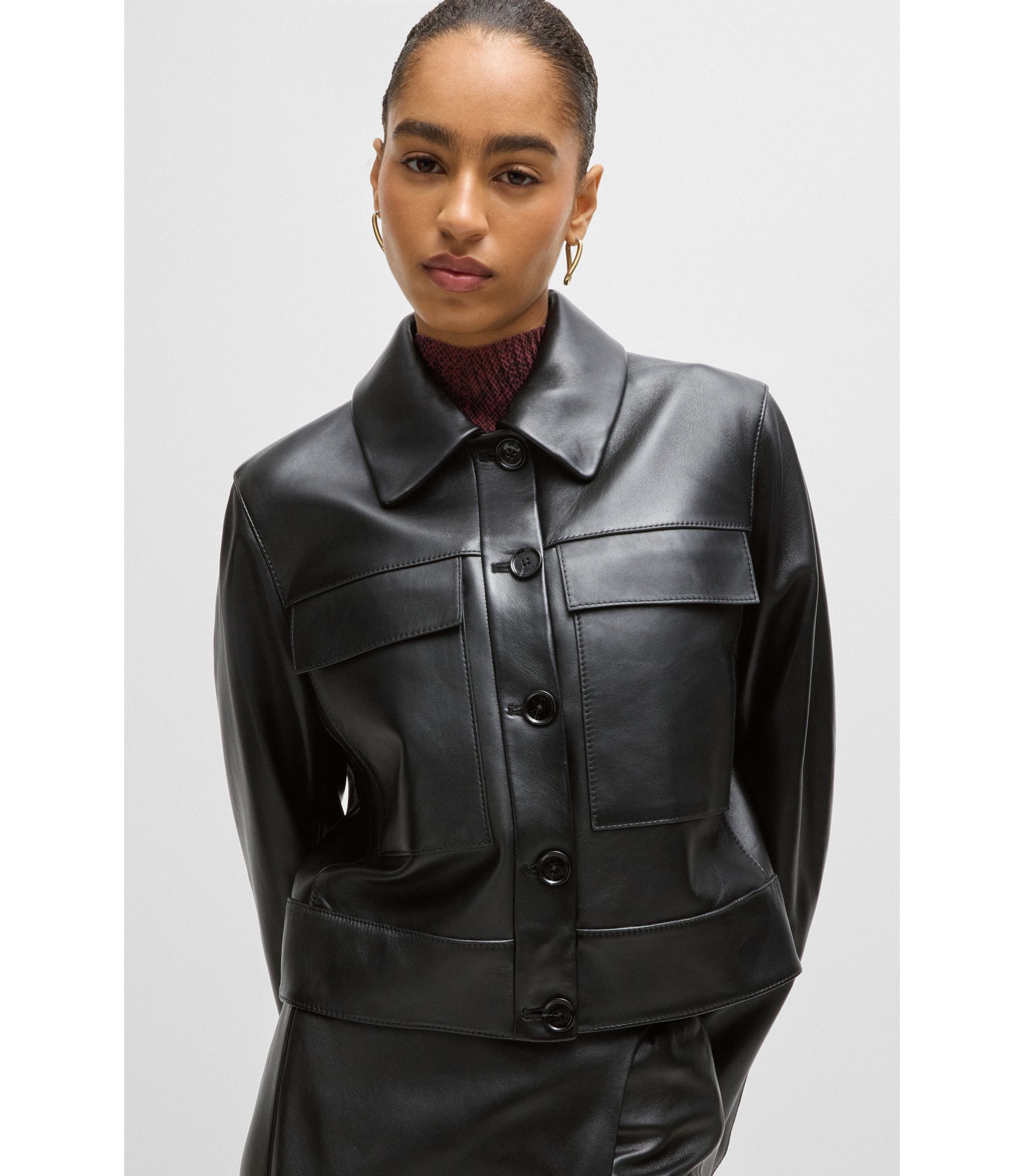 BOSS - レザージャケット コントラストカフス＆ボタンクロージャ