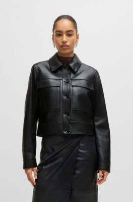 Leather jacket with contrast cuffs and buttoned closure, Black