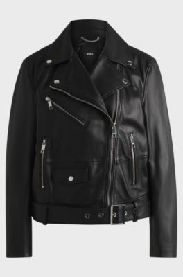 Leather jacket with belt and asymmetric zip, Black