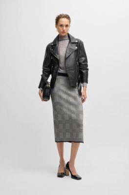 Leather jacket with belt and asymmetric zip, Black