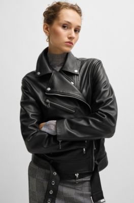Leather jacket with belt and asymmetric zip, Black