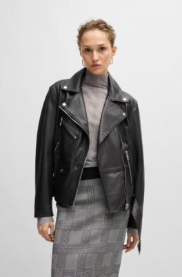 Leather jacket with belt and asymmetric zip, Black