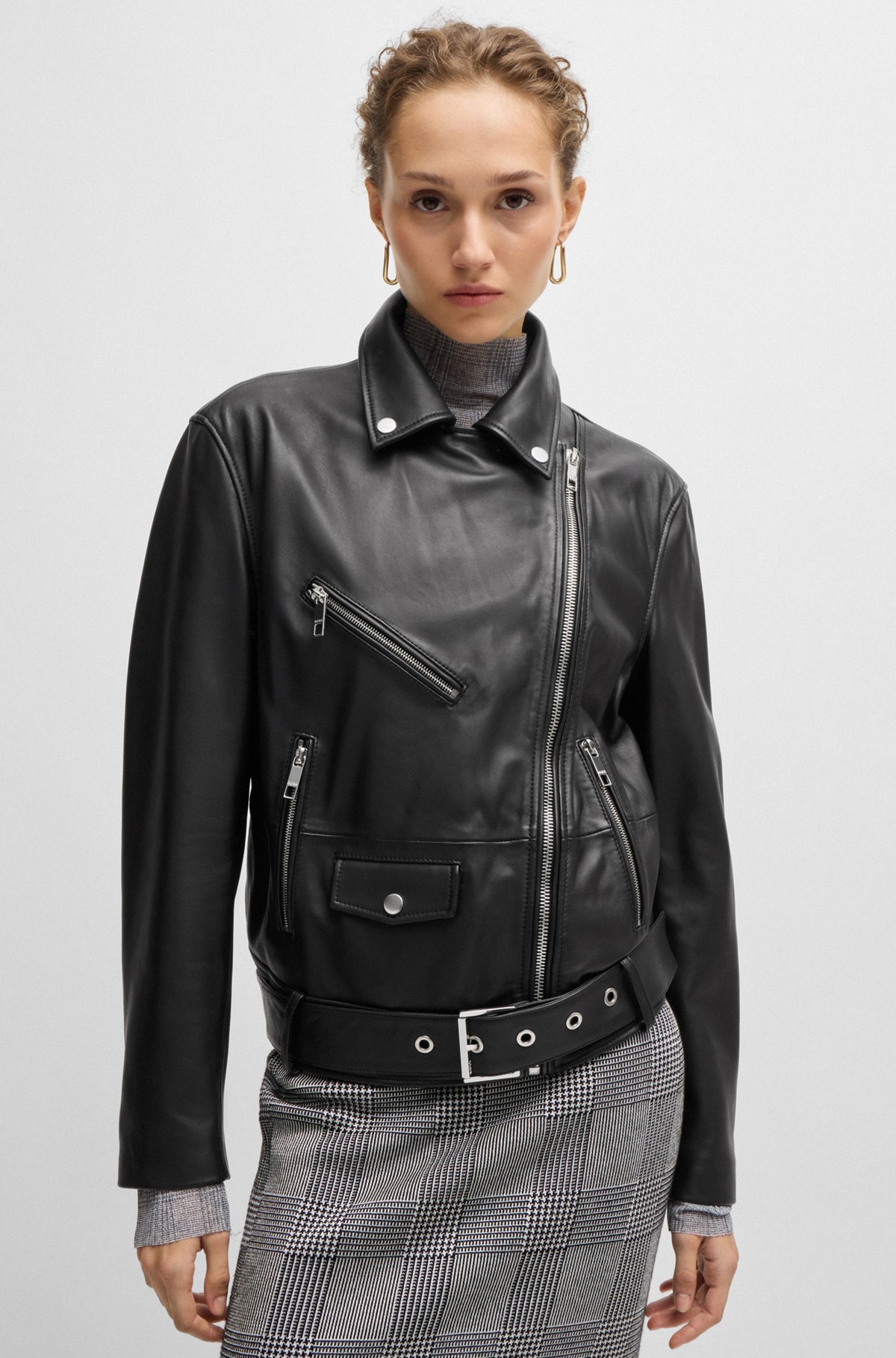 BOSS - Leather jacket with belt and asymmetric zip - Black BOSS - Leather jacket with belt and asymmetric zip - Black