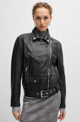Leather jacket with belt and asymmetric zip, Black