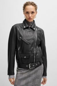 Veste en cuir avec ceinture et fermeture éclair asymétrique, Noir