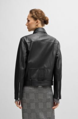 Leather jacket with belt and asymmetric zip, Black