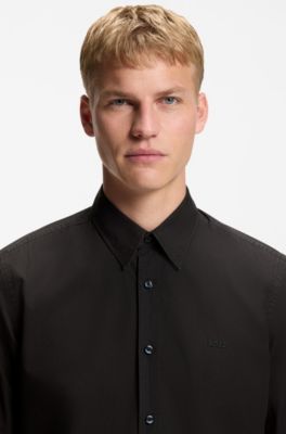 Regular-fit shirt in cotton poplin with embroidered logo, Black