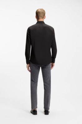 Regular-fit shirt in cotton poplin with embroidered logo, Black