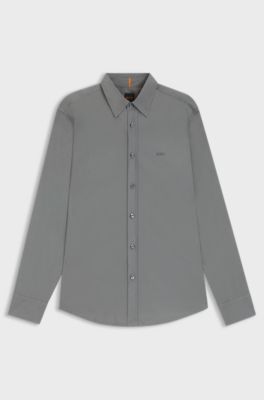 Regular-fit shirt in cotton poplin with embroidered logo, Dark Grey