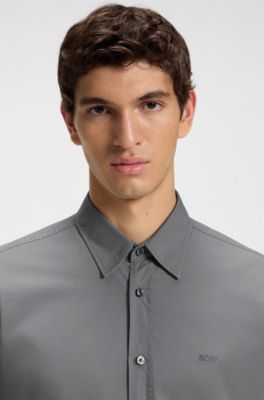 Regular-fit shirt in cotton poplin with embroidered logo, Dark Grey