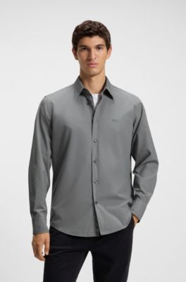 Regular-fit shirt in cotton poplin with embroidered logo, Dark Grey