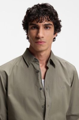 Regular-fit shirt in cotton poplin with embroidered logo, Olive