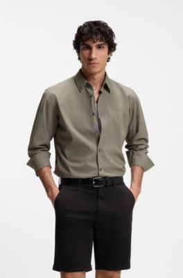 Camicia regular fit in popeline di cotone con logo ricamato, Oliva