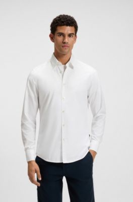 Camicia regular fit in popeline di cotone con logo ricamato, Bianco