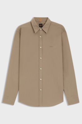 Regular-fit shirt in cotton poplin with embroidered logo, Beige