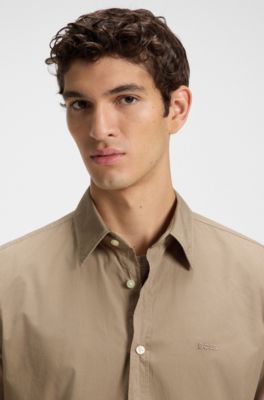 Regular-fit shirt in cotton poplin with embroidered logo, Beige