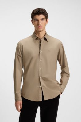 Camisa regular fit en popel&iacute;n de algod&oacute;n con logo bordado, Beige