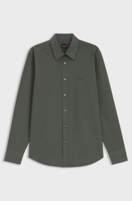 Regular-fit shirt in cotton poplin with embroidered logo, Khaki