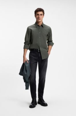 Regular-fit shirt in cotton poplin with embroidered logo, Khaki