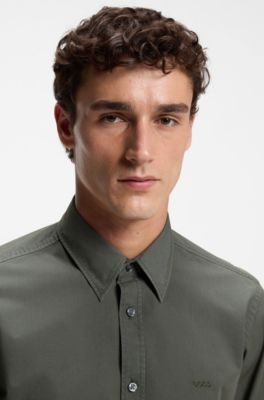 Regular-fit shirt in cotton poplin with embroidered logo, Khaki