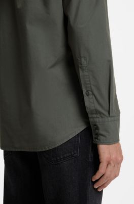 Regular-fit shirt in cotton poplin with embroidered logo, Khaki