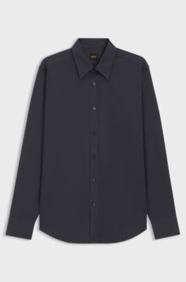 Regular-fit overhemd van katoenen popeline met logostiksel, Donkerblauw