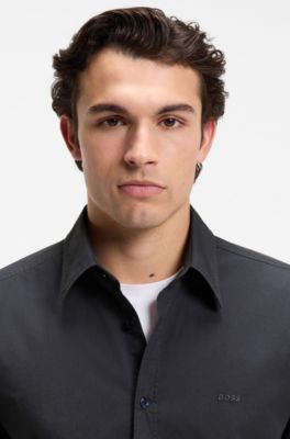 Regular-fit shirt in cotton poplin with embroidered logo, Dark Blue