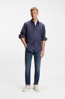 Regular-fit shirt in cotton poplin with embroidered logo, Dark Blue