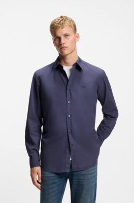 Camicia regular fit in popeline di cotone con logo ricamato, Blu scuro