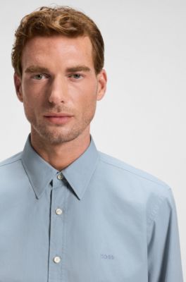 Regular-fit shirt in cotton poplin with embroidered logo, Light Blue