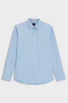 Camicia regular fit in popeline di cotone con logo ricamato, Celeste