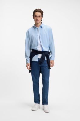 Regular-fit shirt in cotton poplin with embroidered logo, Light Blue