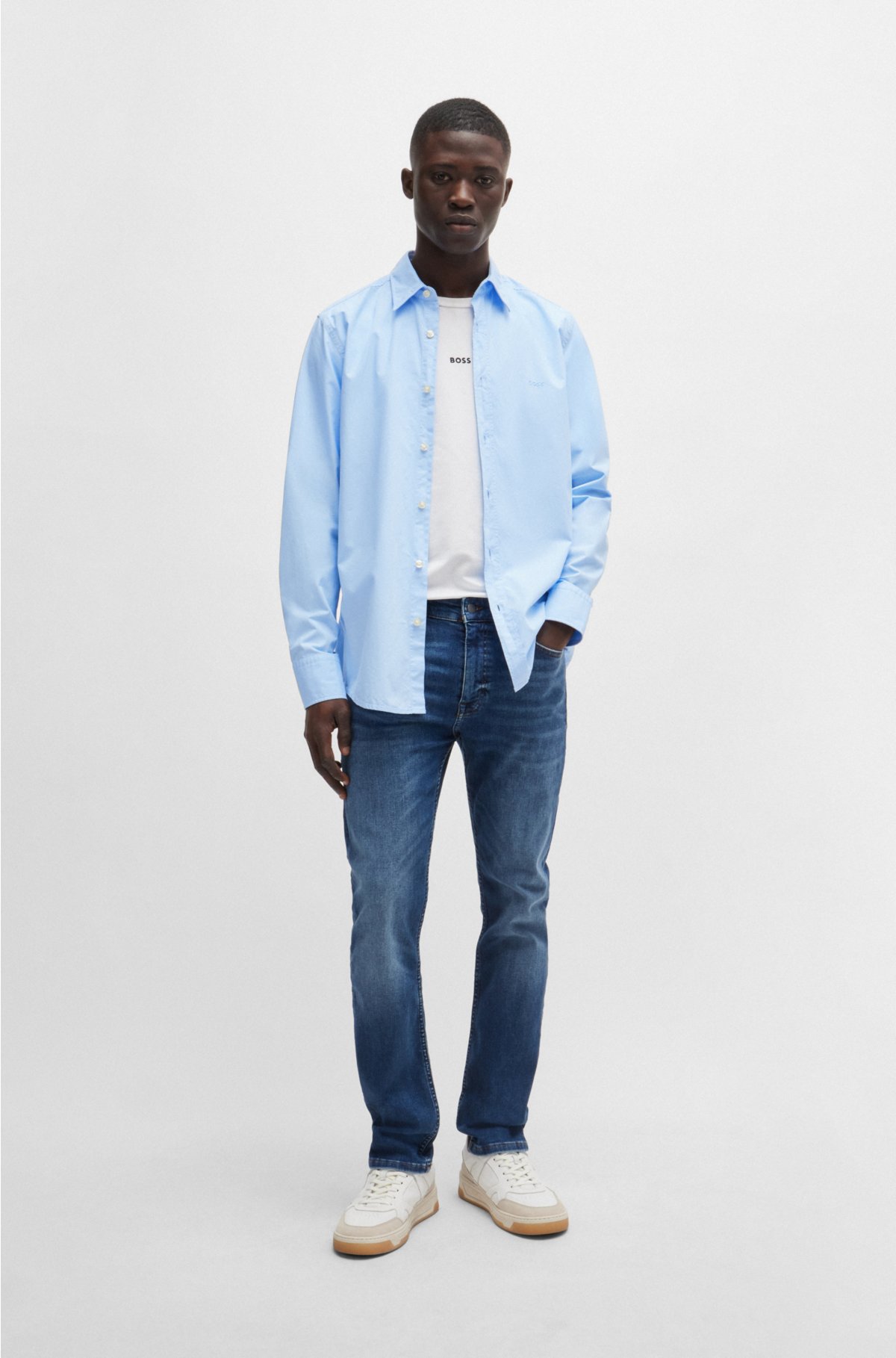 Regular-fit shirt in cotton poplin with Kent collar, Light Blue