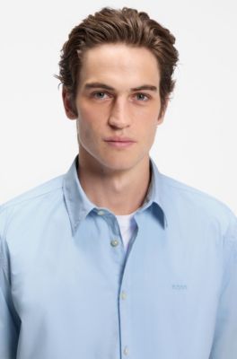 Regular-fit shirt in cotton poplin with embroidered logo, Light Blue