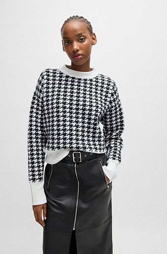 Cotton-blend oversized-fit sweater with houndstooth motif, White / Black