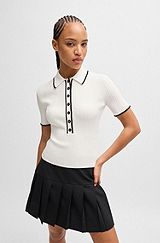 Slim-fit knitted top with polo collar, White