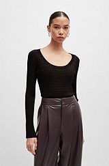 Scoop-neck sweater in ribbed stretch fabric, Dark Brown