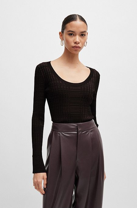 Scoop-neck sweater in ribbed stretch fabric, Dark Brown