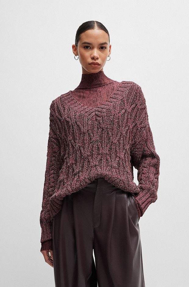 V-neck sweater with structured knit, Brown